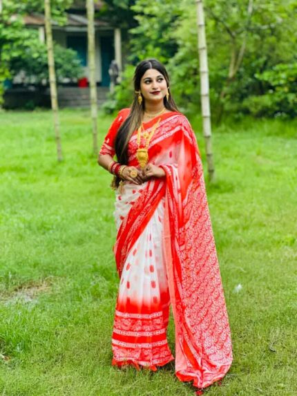 ( সাদা লাল ) অরজিনাল চান্দেরি সিল্ক শাড়ি