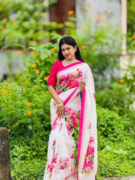 ( সাদা গোলাপ ) অরজিনাল চান্দেরি সিল্ক শাড়ি