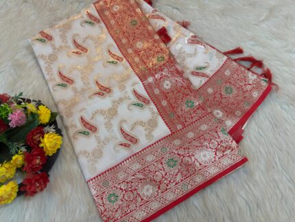 অরজিনাল ইন্ডিয়ান সাদা লাল কাতান শাড়ি